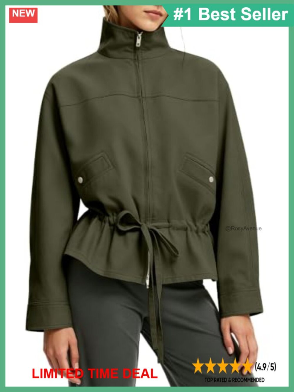 Womens Drawstring Waist Funnel Neck Jacket Peplum Hem Casual Coat